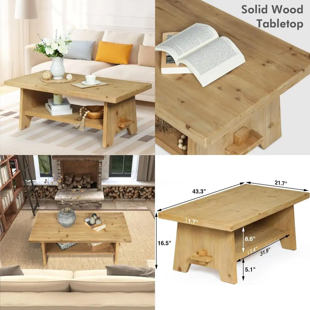 

Mid Century Modern Coffee Table Solid Fir Wood Rectangle Living Room Furniture 43.4” Wooden Tabletop