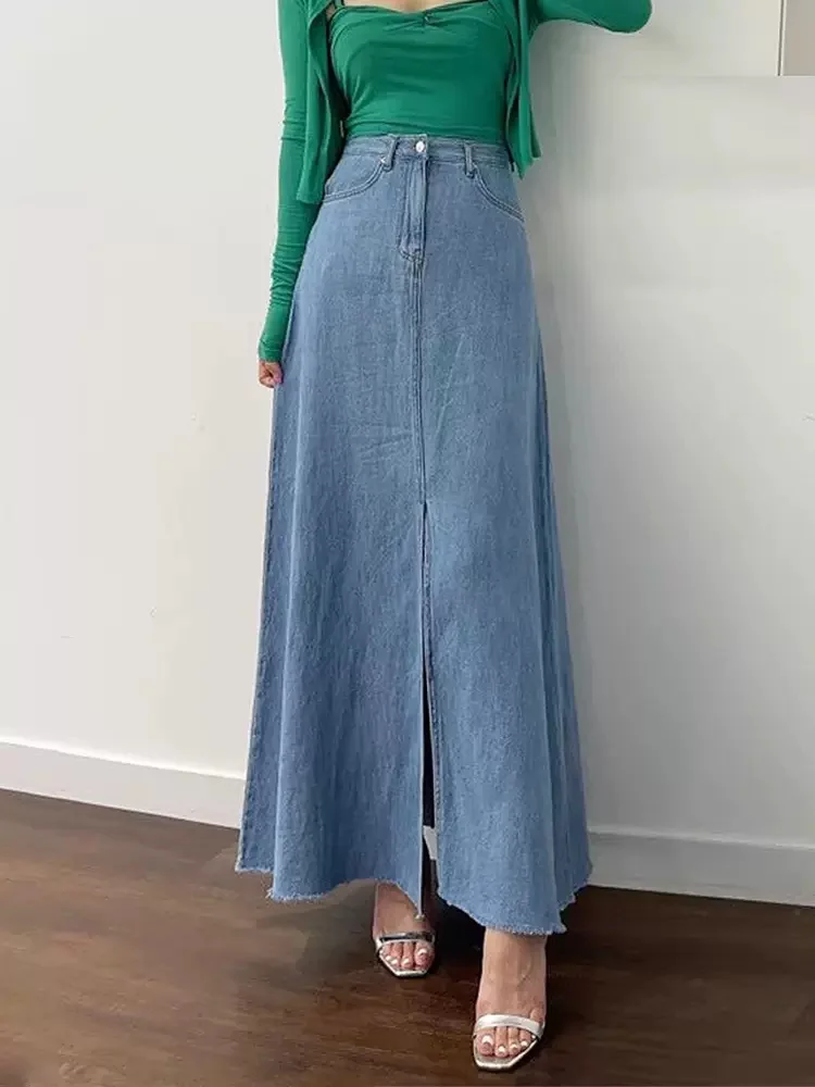 

Korean Chic Summer Washed Blue Denim Skirt Retro Style High Waisted Front Slit Skirt with Raw Edge A-line Long Skirts for Women