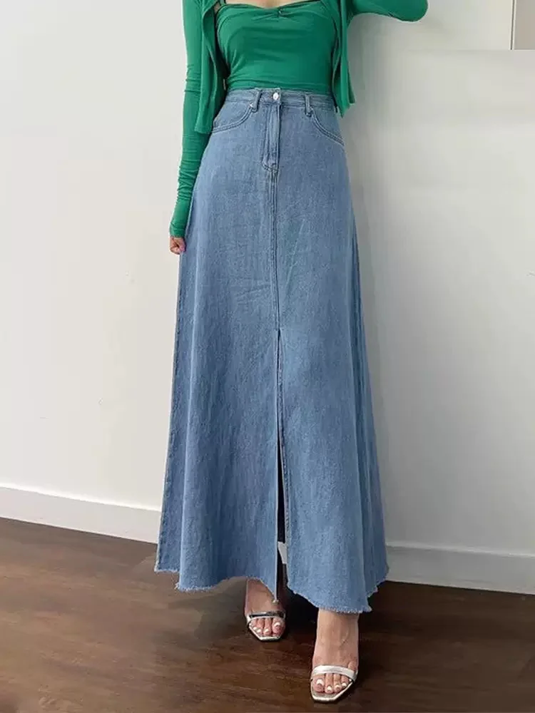 Koreaanse Chique Zomer Gewassen Blauwe Denim Rok Retro Stijl Hoge Taille Voorkant Slit Rok Met Rauwe Rand A-Lijn Lange Rokken Voor Vrouwen