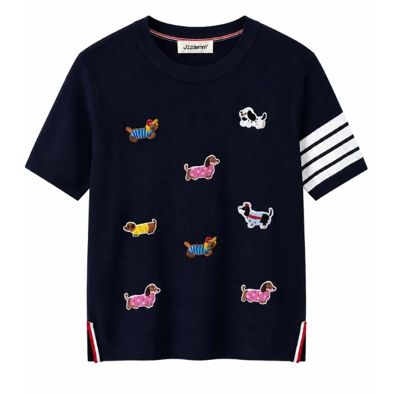 

Summer Embroidered Cloth Patch Dog Women's Hoodie Fashion Knitted Short Sleeve Sweater Commuter Breathable Comfortable Top