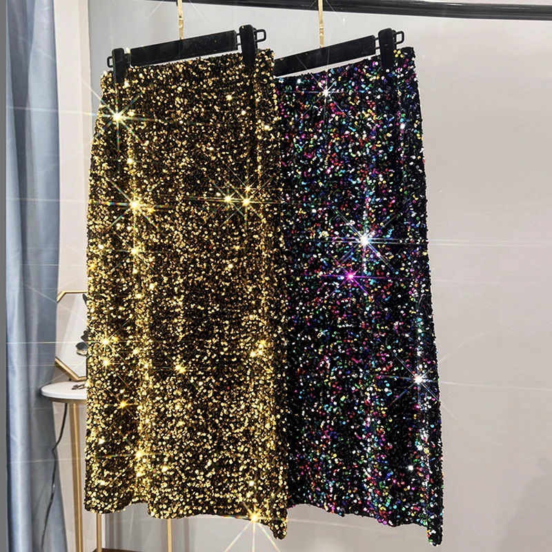 

Thickened Shiny Sequined Fashion High Waist Slim Long Skirts Ladies Streetwear Glitter Sexy Midi Skirt for Women Party Club