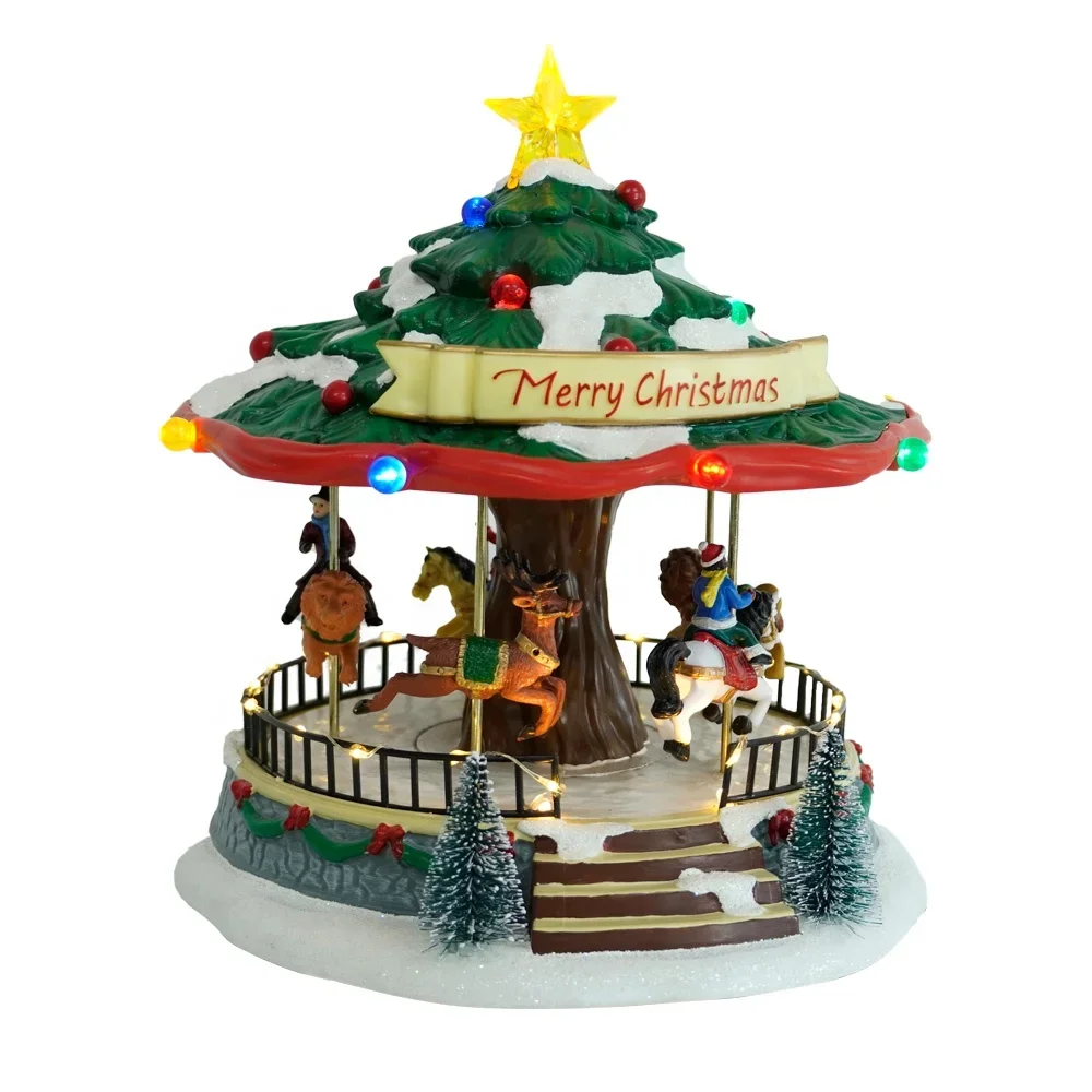 Noel Xmas Holiday Decor Plastic LED Lighted Animated Carousel Music Box Christmas Tree Home Decorative Decoration Supplies