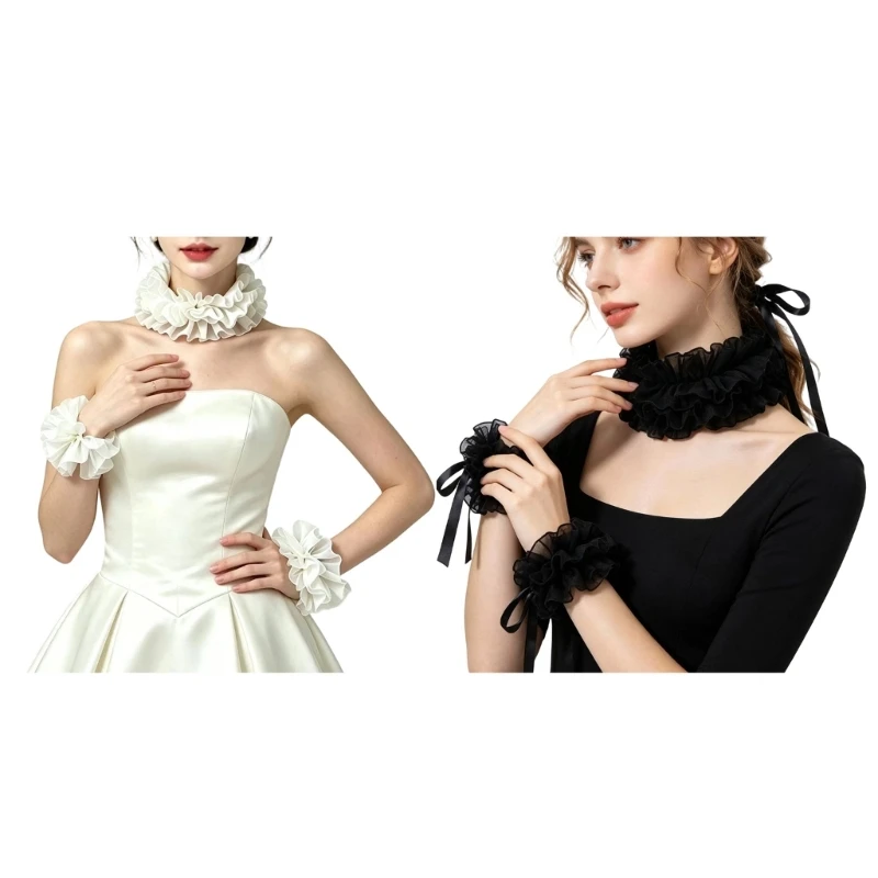 R7UF Formal Wear Ruffle Collar and Wrist Accessory Set for Adults, Coordinated Look for Wedding Styling Use