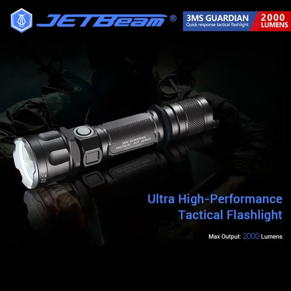 JETBeam 3MS EDC LED Flashlight 2000 Lumens USB-C Rechargeable Water Resistant Black EDC Tactics Everyday Carry