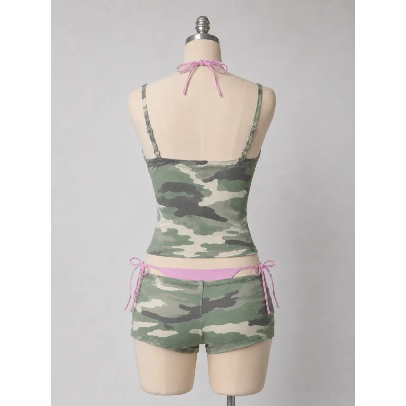 Camouflage metal decorative camisole paired with pink neck strap and inner strap shorts two-piece set Y2K spicy girl set three