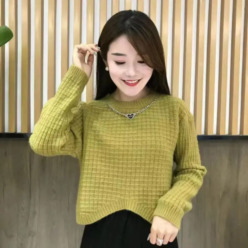 

2024 Women's Round Neck Padded Pullovers Loose Knitted Solid Color Sweaters Jumpers Long Sleeve Autumn Winter Clothing M120