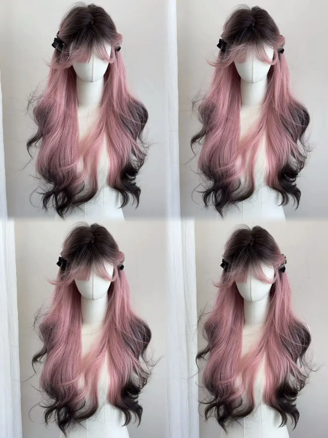 Wig female long hair pink gradual change black high layering simulation human long curly hair full headgear