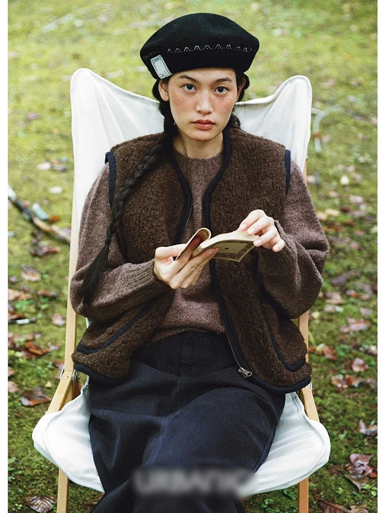   Damska futrzana kamizelka na zamek błyskawiczny, luźna, uniwersalna, ciepła, okrągły dekolt, odzież wierzchnia, materiał welurowy.