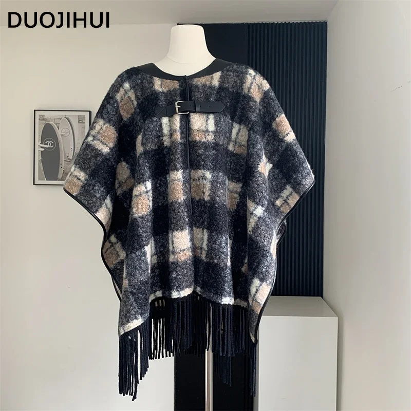 Duojihui klassische Kontrast farbe Mode lose Frauen Umhänge Winter neue vvintage Basic Plaid Chic Quasten einfache weiche weibliche Umhänge