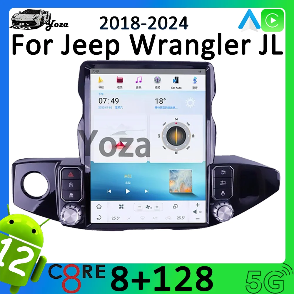 Yoza Carplay Car Radio for Jeep Wrangler JL Gladiator 2018-2024 Android11 Tesla Style Qualcomm Multimedia Player Navigation 4G