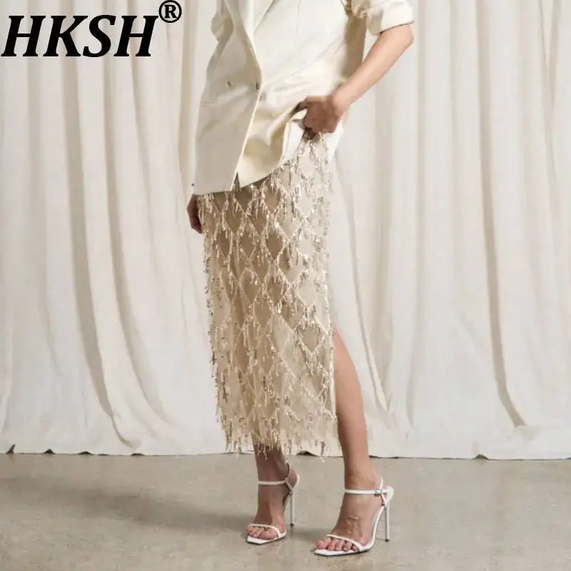 HKSH Women Skirt Luxury Sheer Mesh Heavy Craft Sequined Tassel Split Slim Fit Elegant Trend Sexy Ins Party Skirts Summer HK23379