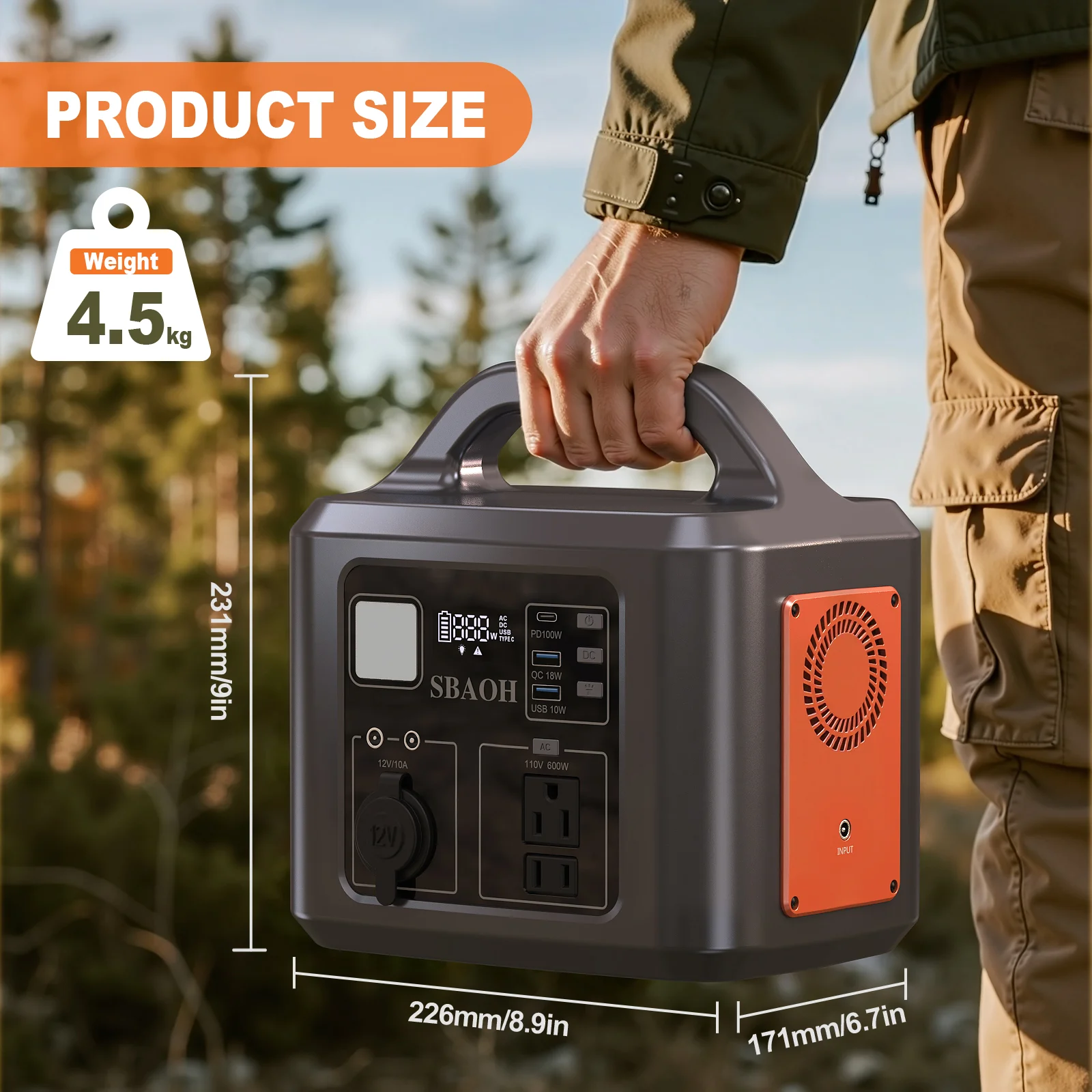 Generador solar de 600W y 538Wh con salidas de CA/100W PD USB-C/QC3.0/cargador de coche para acampar y respaldo de energía de emergencia P605
