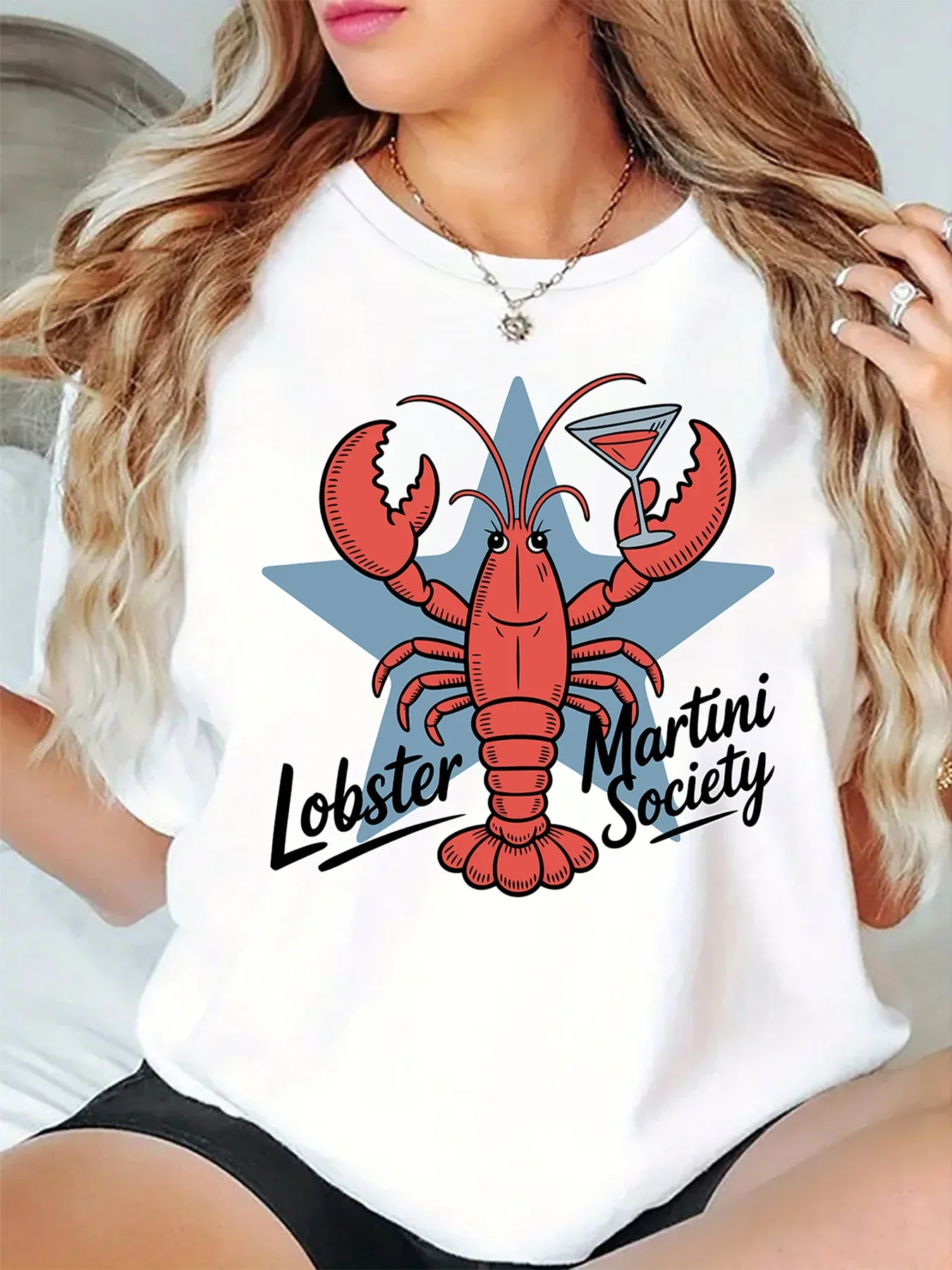 Lobster Martini Society Star Cartoon Seafood Graphic Womens T Shirt Short Sleeve Crew Neck Funny Party Casual Ladies Tee Tops