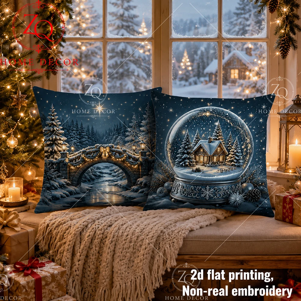 Christmas Throw Pillow Covers Winter Snow Globe Cabin Bridge Scene Decorative Soft Cushion Cases For Sofa Bedroom