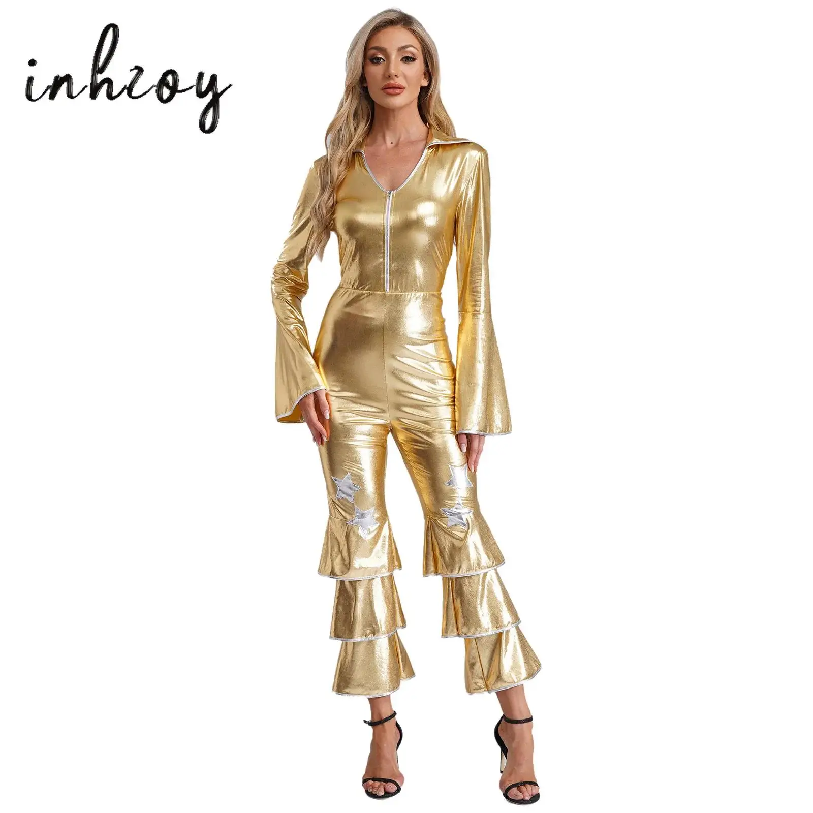 

Women Retro 70s 80s Disco Dance Jumpsuit Sparkly Metallic Bodysuit One Piece Long Sleeve Flared Carnival Party Cosplay Costume
