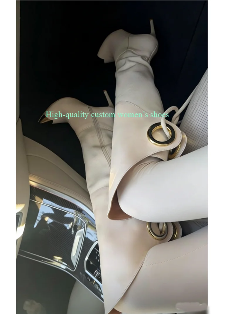 

Pointed Gold White Color-Blocked Version Rear Strap Women's Knee-High Boots Stilettos Banquet Luxury Women's Boots
