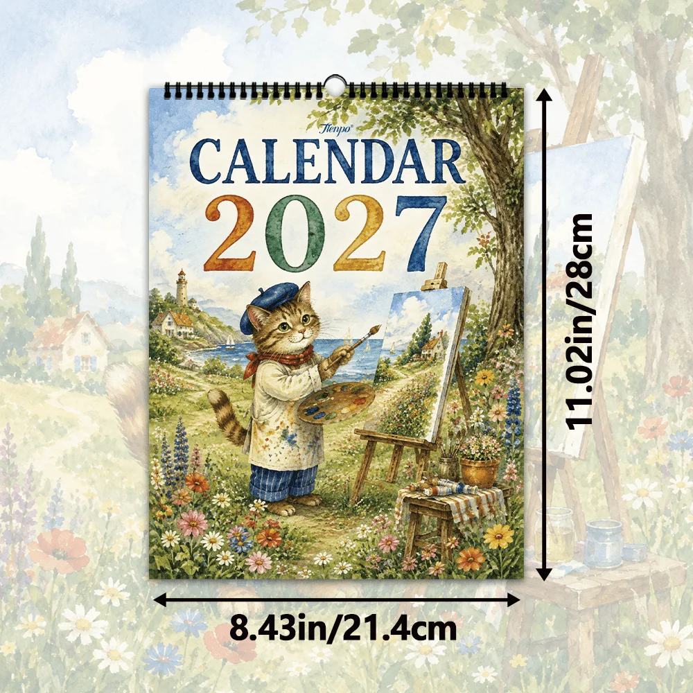 1pc 2027 Wall Calendar,Healing Retro Fairy Tale Cat Theme,12-Month Monthly Planner,Perfect Gift for Birthdays,Christmas,New Year