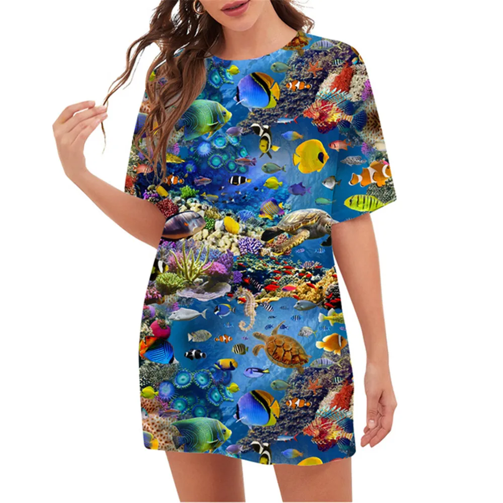 Ocean World Animal Fish 3D sukienka z nadrukiem na lato O-Neck z krótkim rękawem w stylu plażowym luźna sukienka ponadgabarytowa moda damska