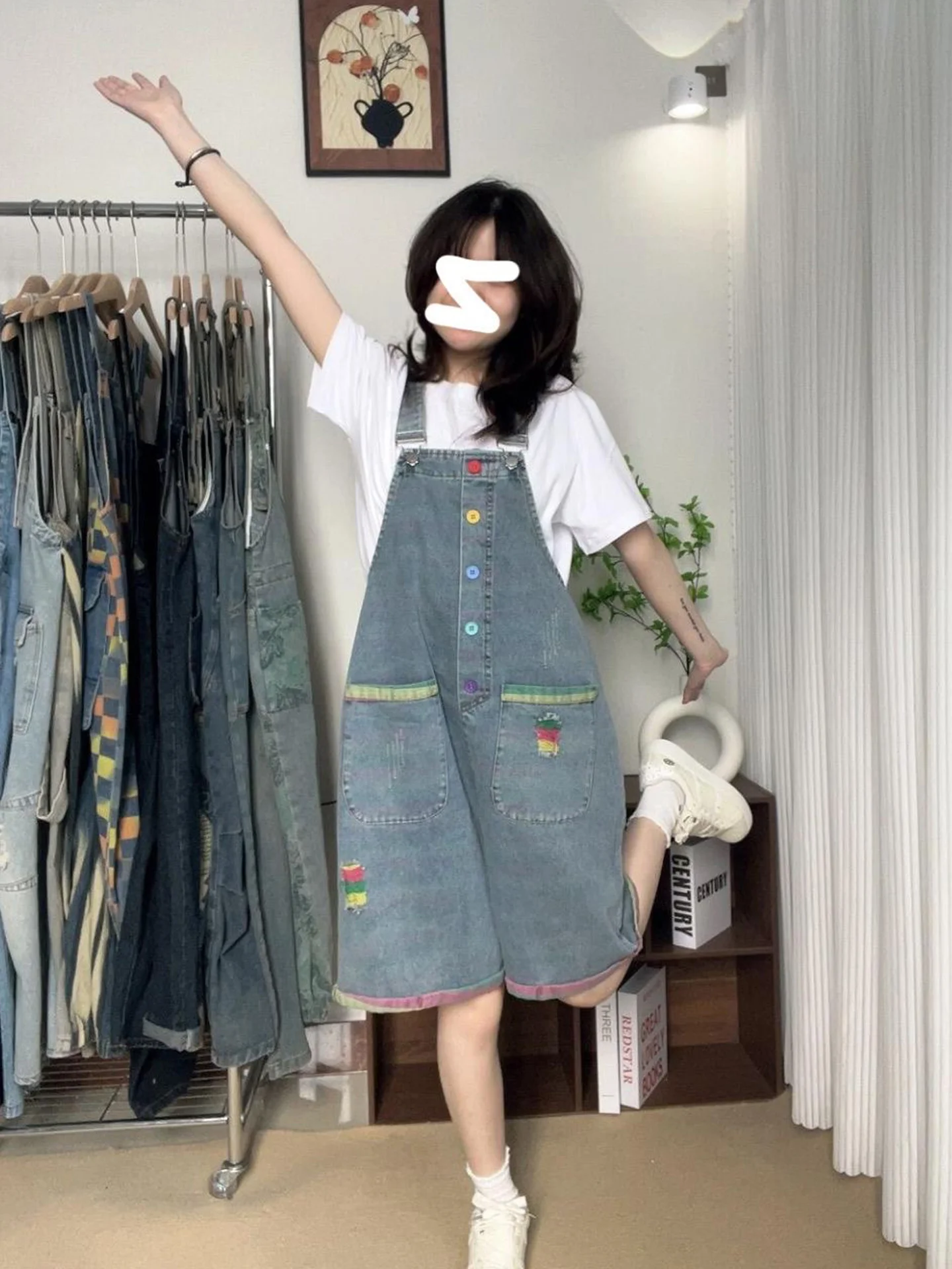 Stylish Durable Blue Denim Overalls Women's High Waist Wide Leg Vintage Design Casual Comfortable Breathable Wear Resistant