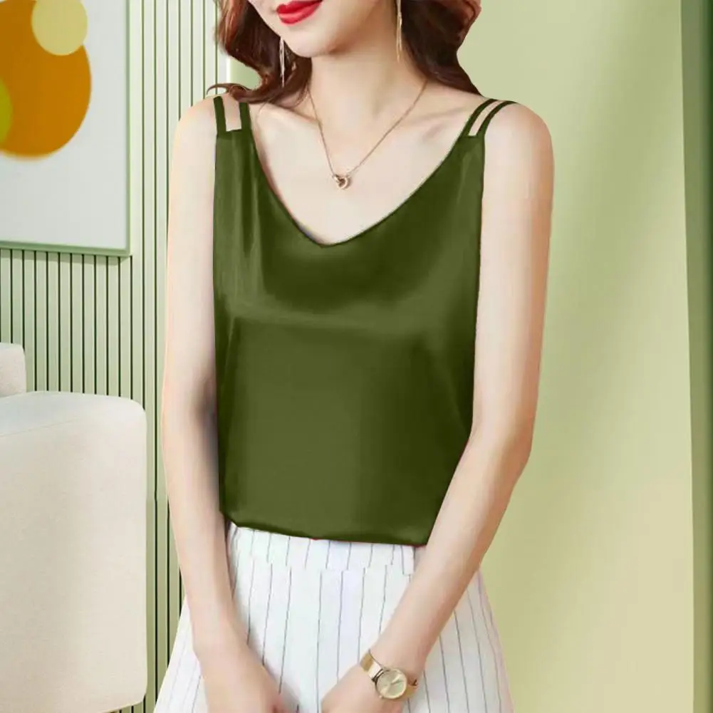 المرأة قاع سترة الخامس الرقبة حبال أكمام السلس بلوزات من الساتان تقليد الحرير قاع سترة تنوعا ارتداء اليومي