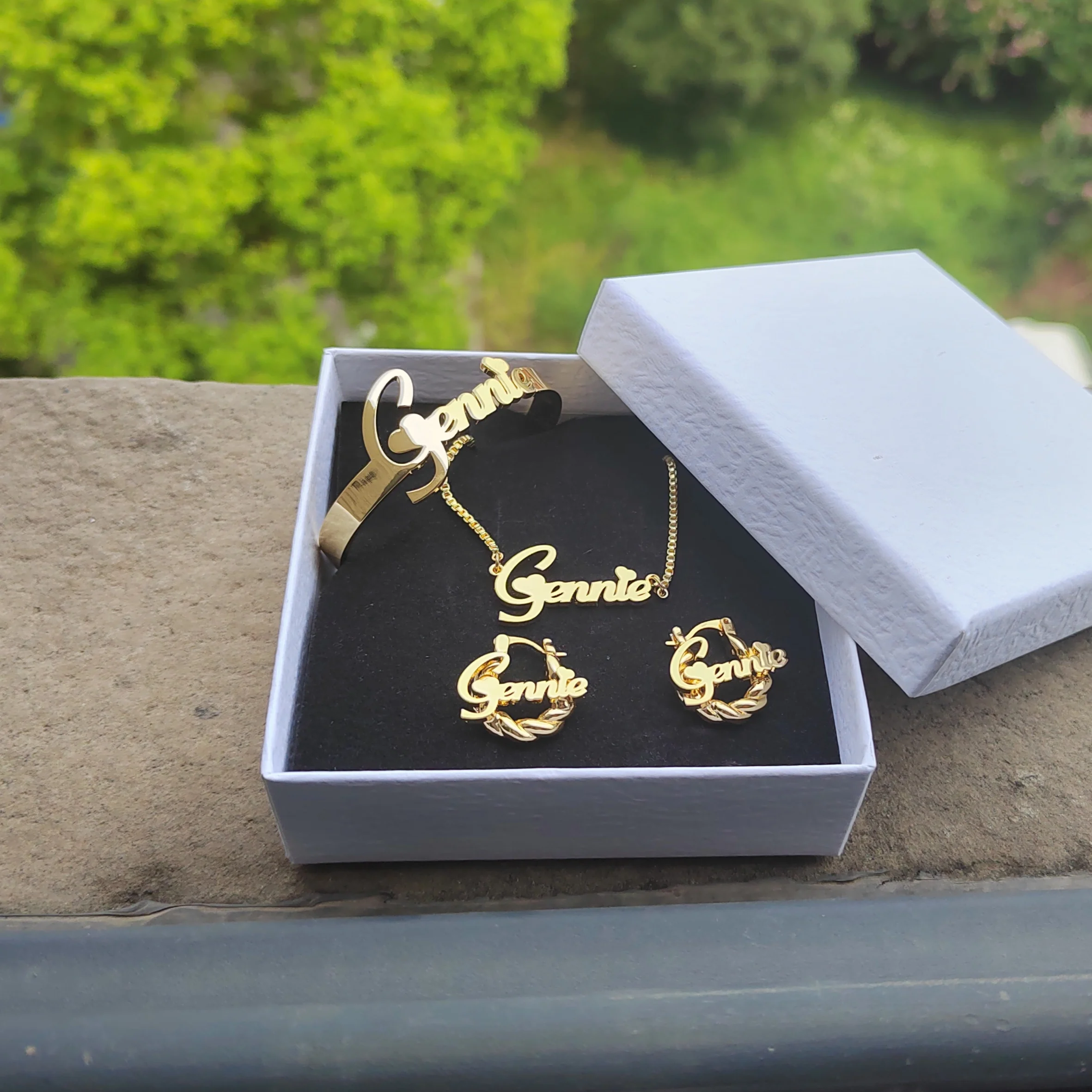 HIYONG Custom Name Jewelry Set Personalized Letter Necklace Customized Name Bangles Stainless Steel Mini Hoop Earrings 18mm