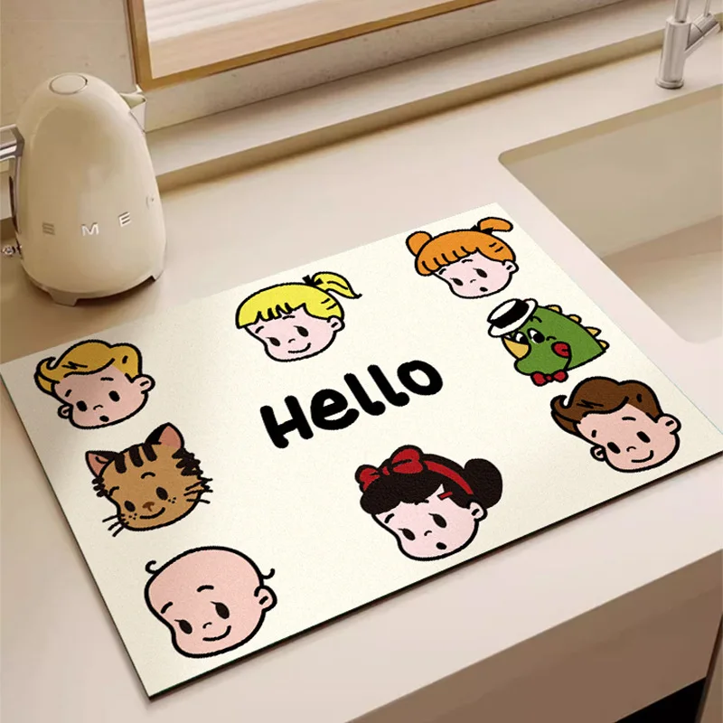 VIKAMA Retro Cartoon Character Print Dish Drying Mat Absorbent Non Slip Waterproof Coffee Table Kitchen Sink Draining Pad