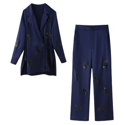 Abito da donna elegante giacca Kimono in raso di paillettes camicetta 2024 nuovi pantaloni a gamba larga a vita alta abbigliamento donna in due pezzi