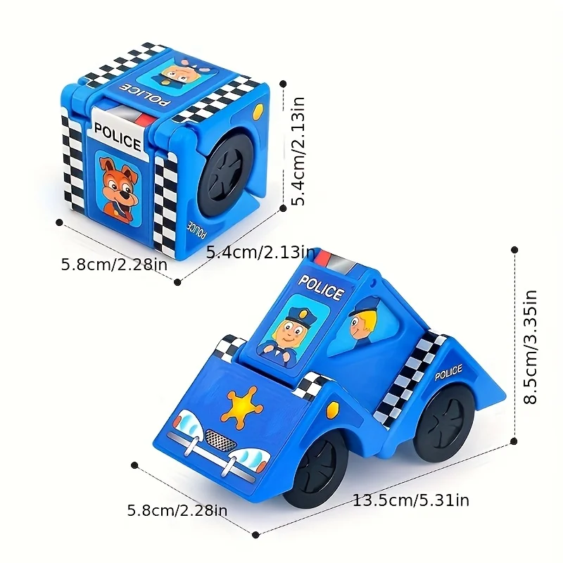 Cute & Fun Transformable Square Car Toy for Children Gift- Foldable, Push-Pull Puzzle Cartoon Block Car with Police Design
