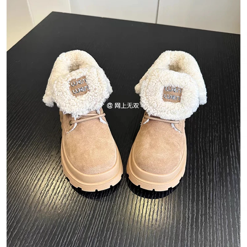 Thick Soled Round Head Lace-up Waterproof Platform with Velvet Warm Fashion All Comfortable Non-slip Breathable Boots for Women