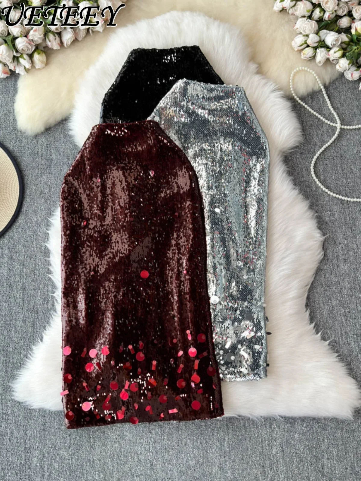 Vielseitige funkelnde Pailletten-Schlankheitsröcke für Damen, Herbst-Winter-Mode, hohe Taille, hüftumwickelte, burgunderrote lange Röcke