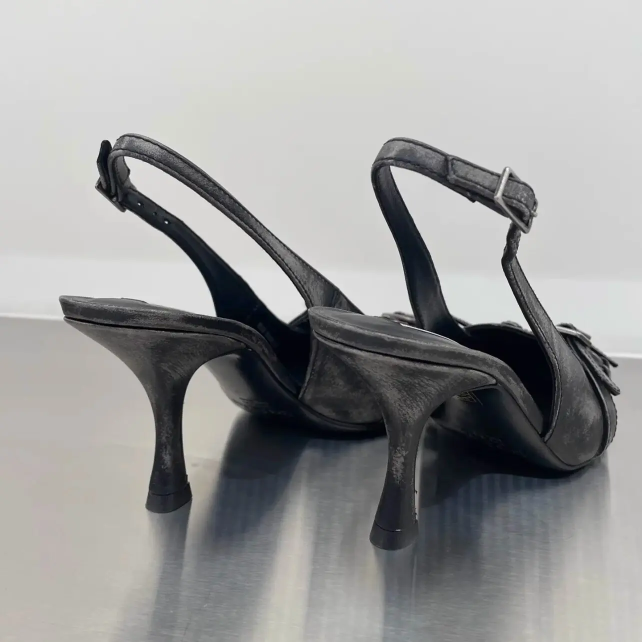 Women's Grey Distressed Slingback Stiletto Pumps Buckle Straps with Ring Detail for Punk Style Night Out Parties Edgy Fashion