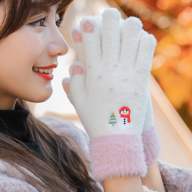 

Winter Warm Soft Furry Women Full Fingers Touch Screen Gloves Lovely Snowman Embroidery Five Finger Knitting Glove