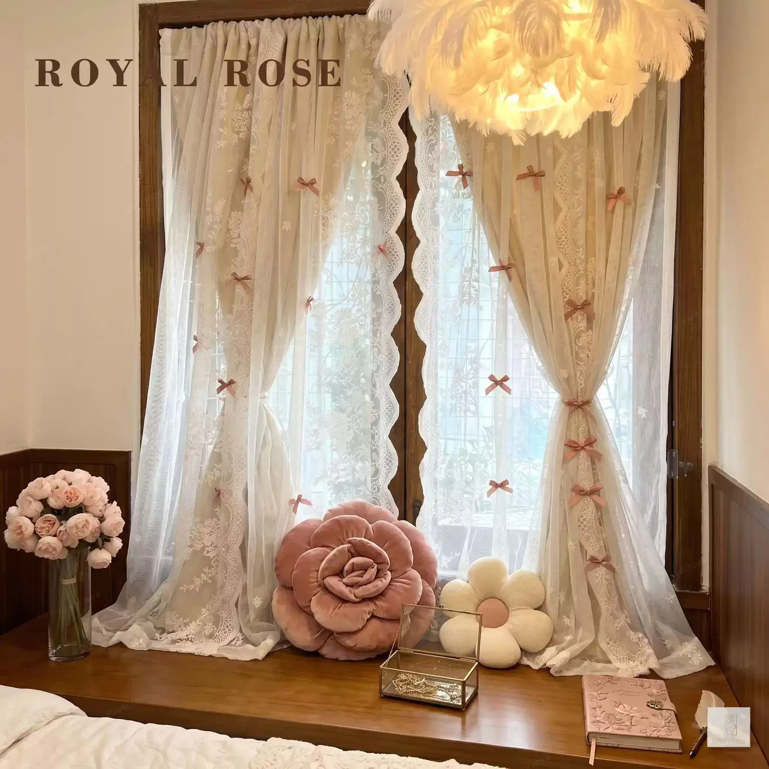 Lace Kawaii Decoration Curtain Blackout Translucent Gauze Double-sided Girl Room Heat-insulating Window Screen Decorative Drapes