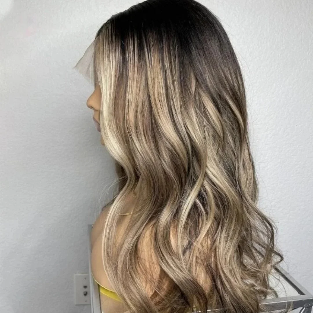 New Ombre Caramel Brown High Quality Wigs Female Cosplay Party Lace Frontal Wigs Loose Wave Wigs Glueless Rooted Long Women Wig