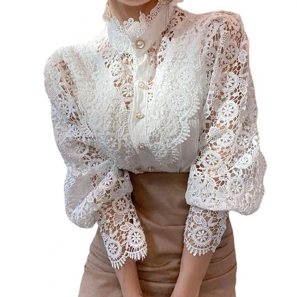 

Long Sleeve Top Stylish Women's Lace Hollow Embroidery Shirt Tops with Stand Collar Lantern Sleeves Elegant for Fashionable