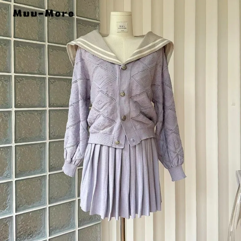 

2023 Autumn Preppy Style Sweet Uniform Two Piece Set Women Patchwork Long Sleeve Cardigan + Pleated Skirt Sexy Skirt 2 Piece Set