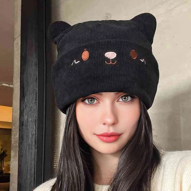 Knitted Cat Ear Little Devil Hat Women Kawaii Winter Beanie Female Caps