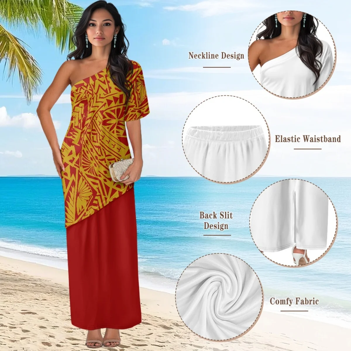 ชุดเดรสลายพิมพ์ชนเผ่าโพลินีเซียนสีแดงแบบซามัวสำหรับผู้หญิง เสื้อผ้าผู้หญิงเอเชียและหมู่เกาะแปซิฟิก ชุดเดรสสีชมพูสำหรับงานเลี้ยงตอนเย็น