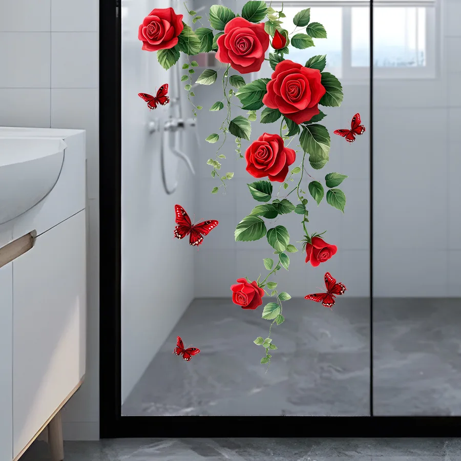 Red Rose Wall Decals, 3D Butterfly Floral Wall Stickers, Removable Peel and Stick Wall Art Decor for Bathroom Bedroom