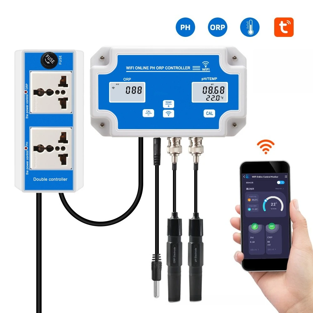 Tuya WiFi Smart Water Quality Controller PH ORP Temperature Detector with BNC Electrode for Aquarium Hydroponic System