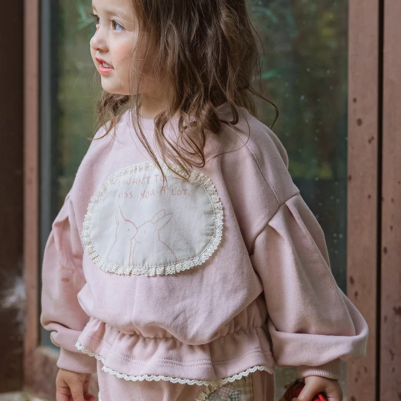 

2025 Spring Korean Cute Rabbit Patchwork Ort Sweatirt for Girls Autumn Collection Kids Clothing Comfortable Polyester Blend