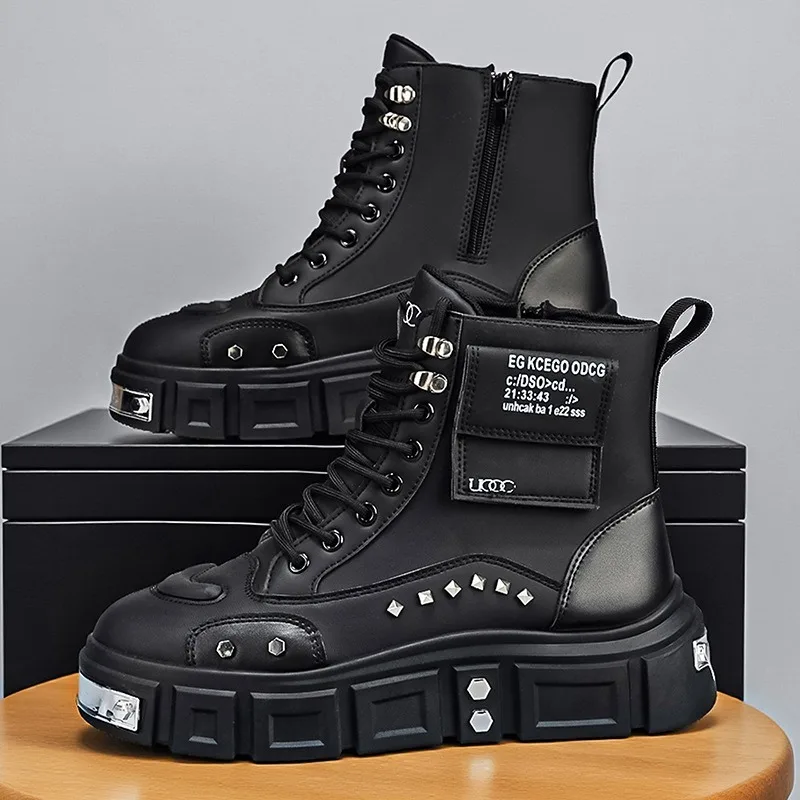 2026New Men's Boots Punk Street Style Rivet High-top Boots Mens High-top Leather Boot Fashion Motorcycle Boots Botas Para Hombre