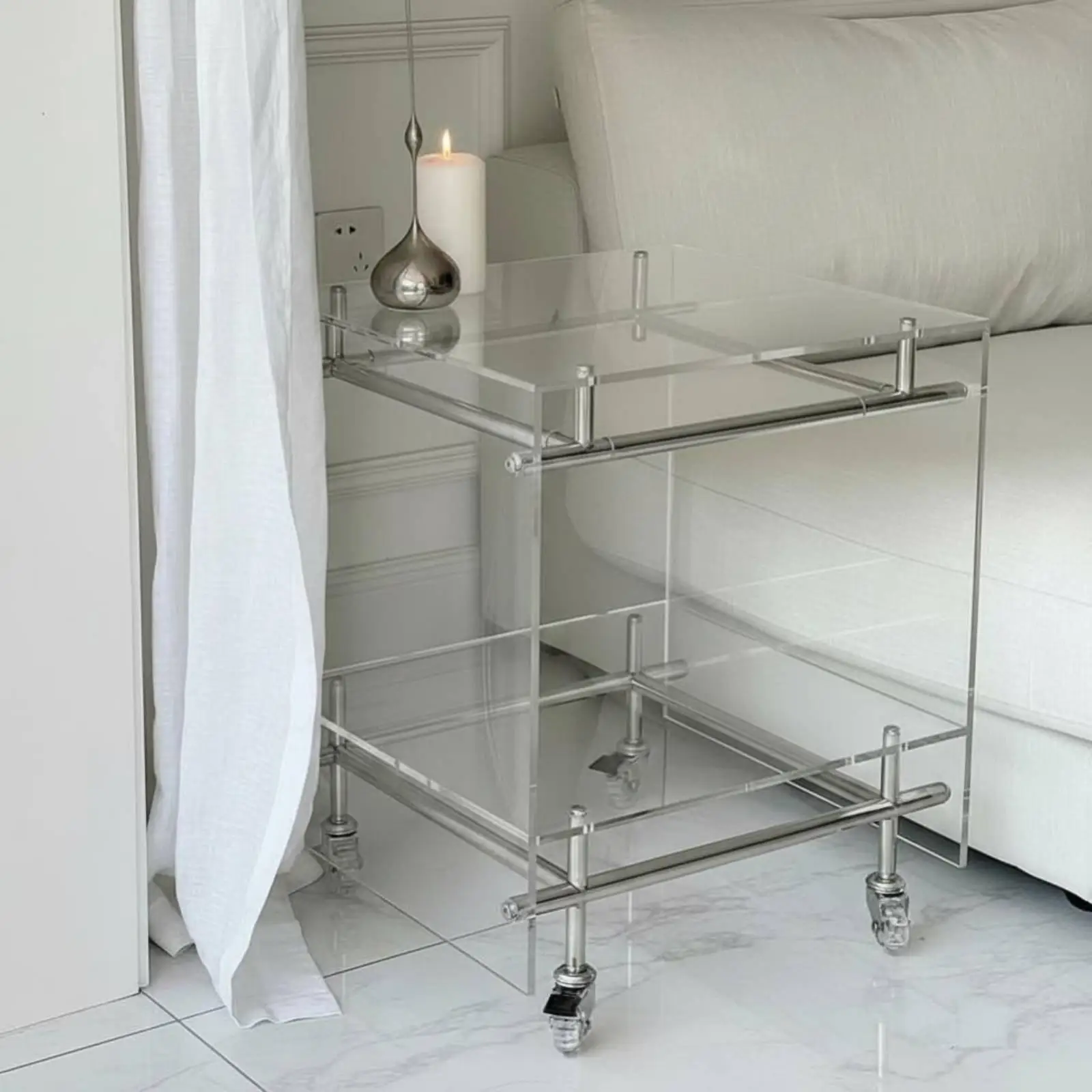 Acrylic Rolling Bar Cart with Stainless Steel Frame for Living Room Side Table Storage Trolley