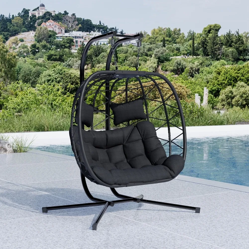 Double Swing Egg Chair with Stand, Oversized 2 Person Indoor Outdoor Wicker Patio Basket Hanging Chair with Cushion