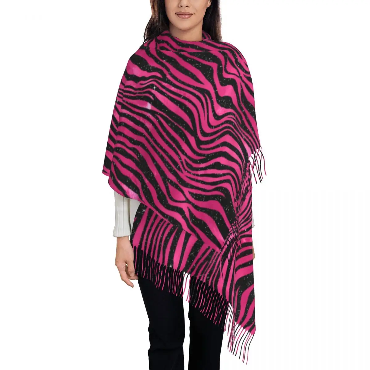 

Lady Scarf Warm Soft Tiger Print Headwear Scarves Tassel Bright Pink and Black Stripes y2k Funny Shawls Wrpas Winter Bufanda