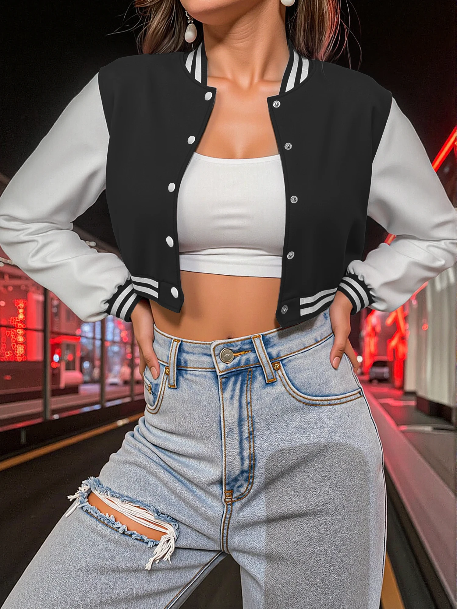 Women Casual Short Baseball Bomber Jacket Color Block Long Sleeve Striped Rib Collar Single Breasted Street Crop Coat