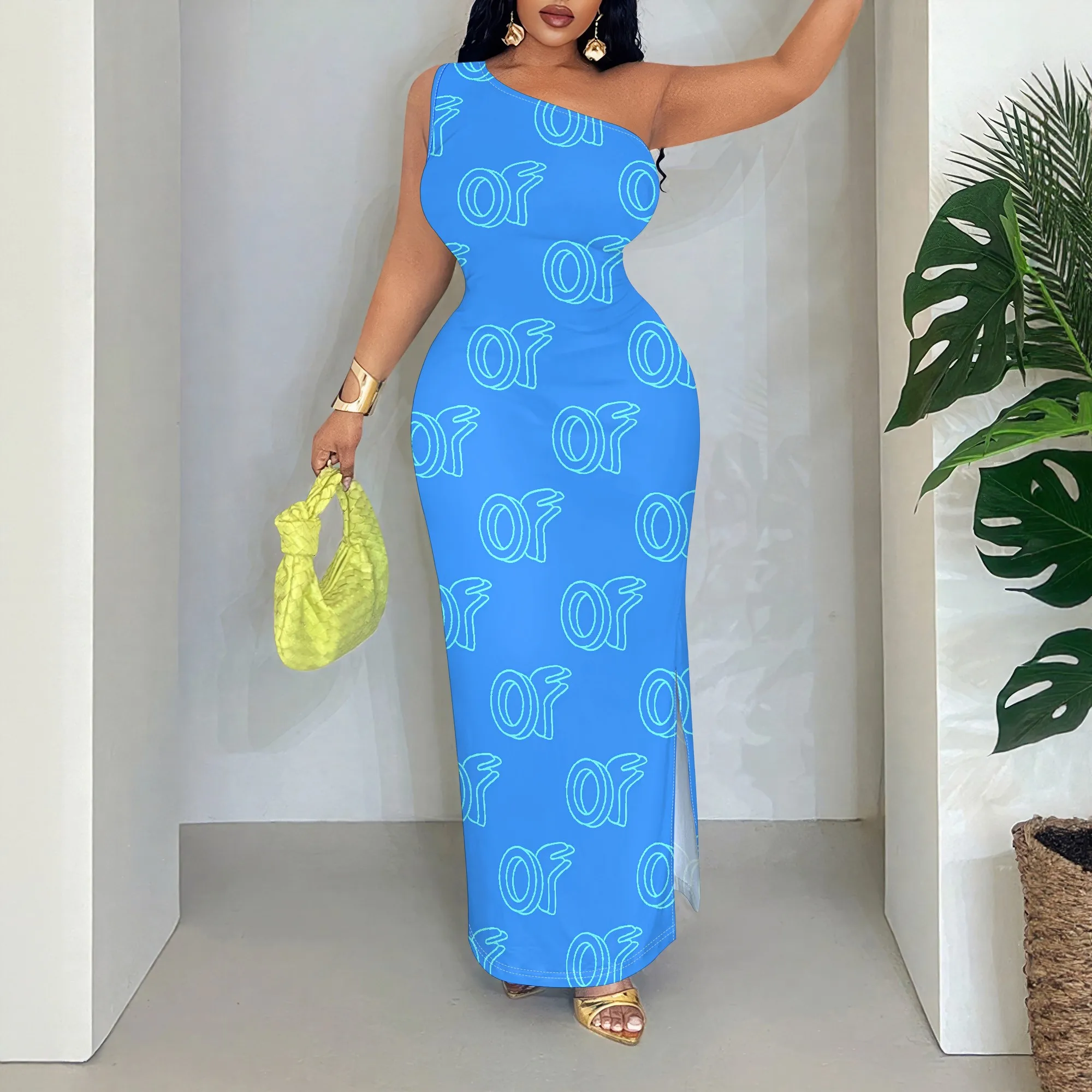 

Blue Graphic Maxi Dress, One Shoulder Sleeveless Bodycon, Letter Print Slit Evening Gown for Party Club, S-2XL