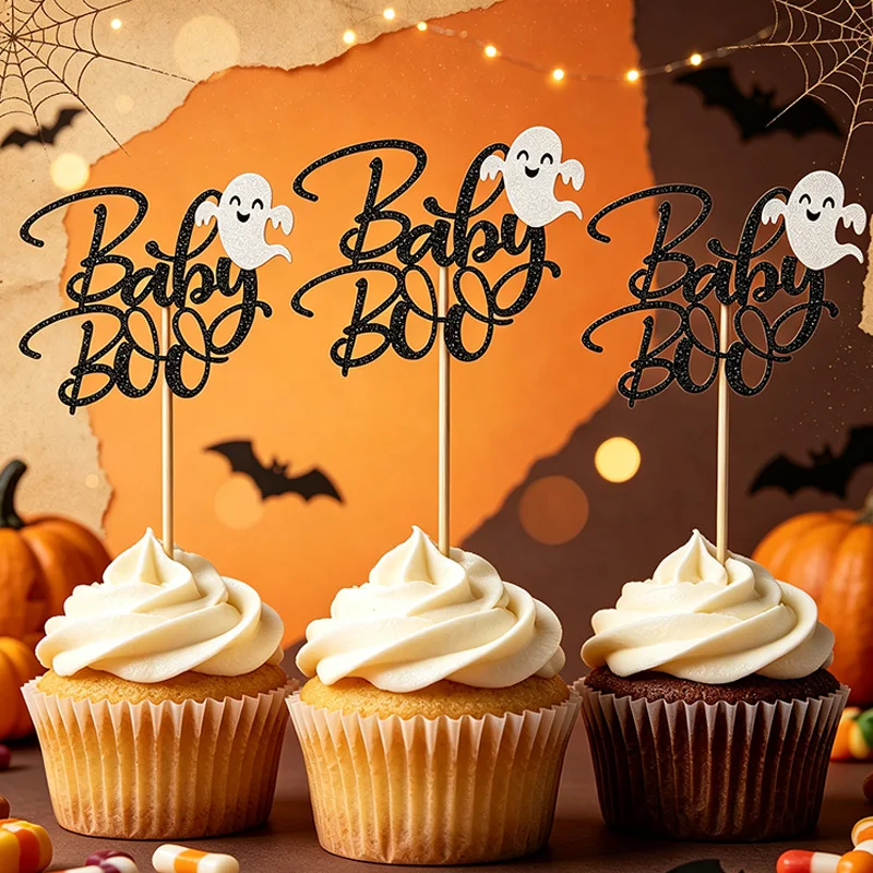 YOMDID 24Pcs Halloween Boo Cupcake Toppers Glitter Boo Ghost Silhouette Cake Picks for Fall Holiday Party Cake Decorations - view 3