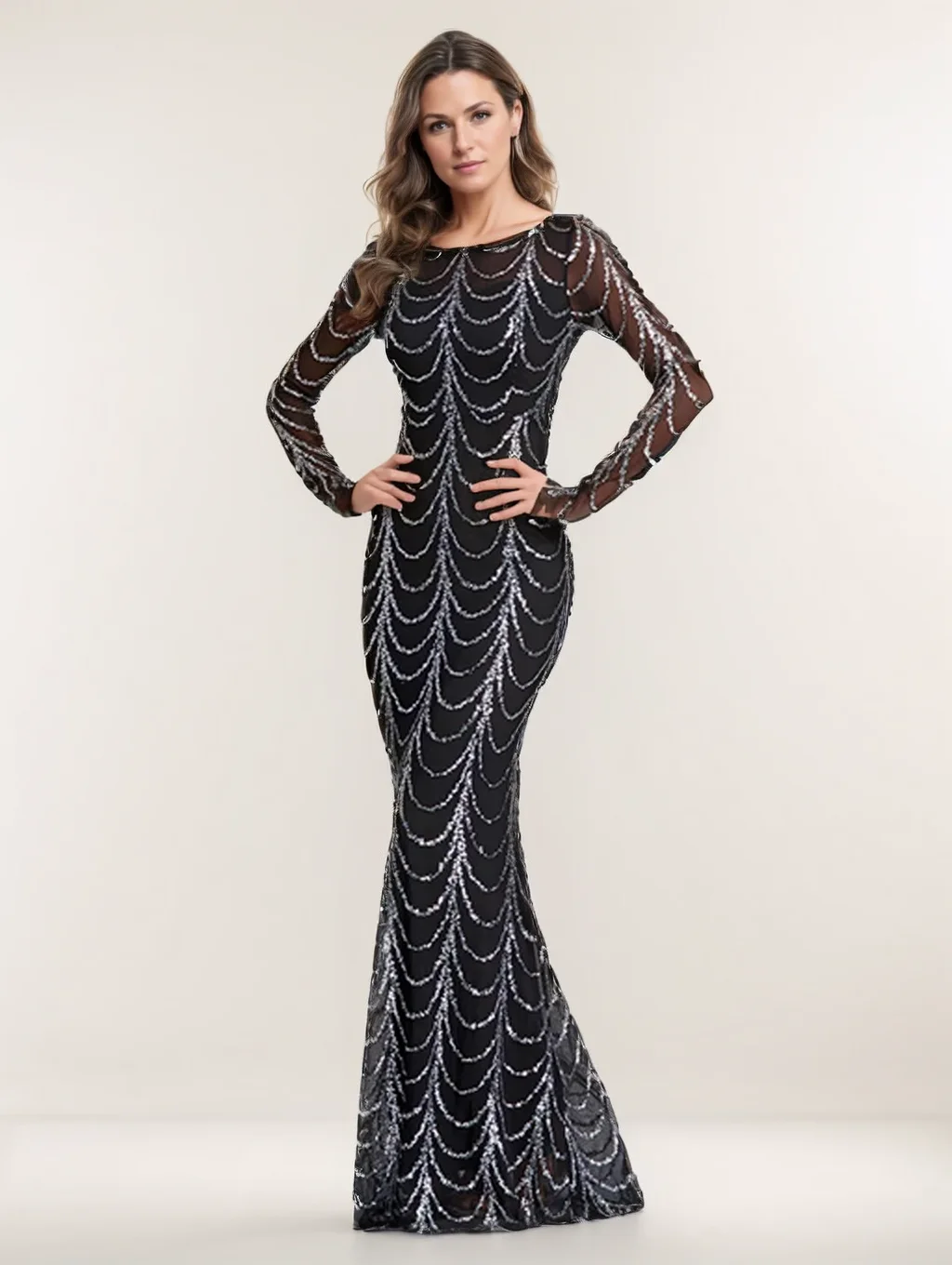 

Elegant Round Neck Mermaid Long Formal Evening Dress With Long Sleeves
