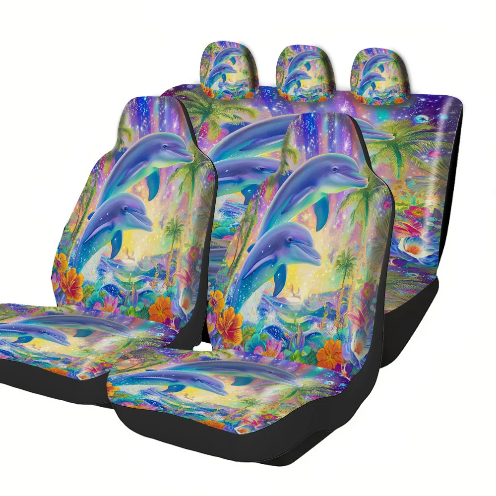 2-5 Seat Set Car Seat Covers, Vibrant Dolphin Rainbow Polyester, Universal Fit For Truck SUV Off-Road Car, Festive Halloween Chr